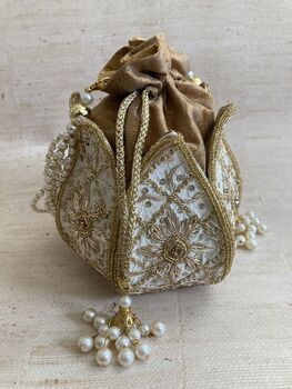 White Handcrafted Raw Silk Potli Bag/Wrist Bag, 4 of 4