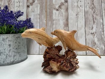 Hand Carved Wooden Dolphin Pair Sculpture Ornament, 5 of 12