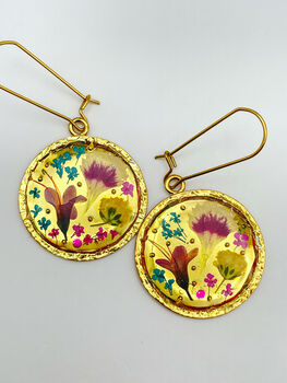 Gold Dangle Earrings With Real Pink Flowers, 2 of 10