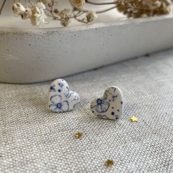Blue Floral Ceramic Heart Earrings Vintage Blue, 9 of 9