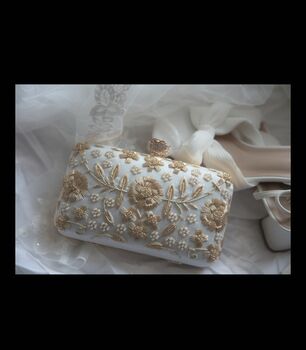 Sofia Embroidered Rectangle Clutch With Flower Clasp In White Colour, 5 of 6