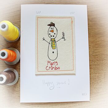 Personalised, Embroidered Christmas Snowman Card, 2 of 2