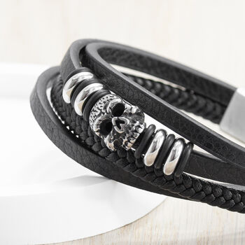 Personalised Men's Stacked Leather Skull Bracelet, 7 of 10