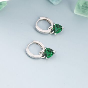 Sterling Silver Emerald Green Trillion Cut Cz Hoop Earrings, 3 of 12