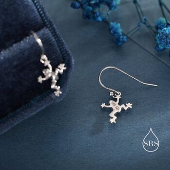 Sterling Silver Tiny Frog Drop Hook Earrings, 6 of 11