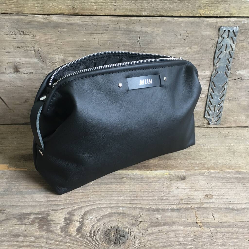 Unisex Personalised Toiletry Bag In Black Leather By Studio Tew