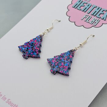 Small Purple Glitter Christmas Tree Earrings, 4 of 4