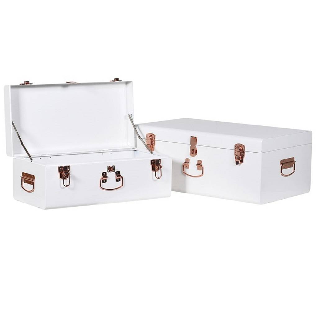 white metal storage trunks with copper fittings by posh totty designs