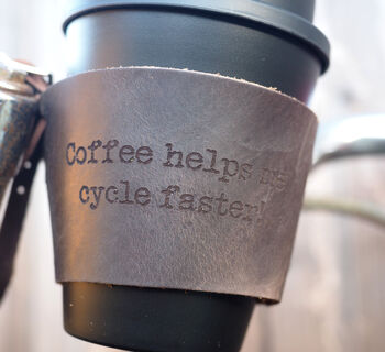 Personalised Reusable Coffee Cup Leather Bike Holder, 2 of 9