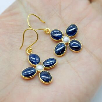 Blue Sapphire, Pearl Drop Gold Earrings, 4 of 5