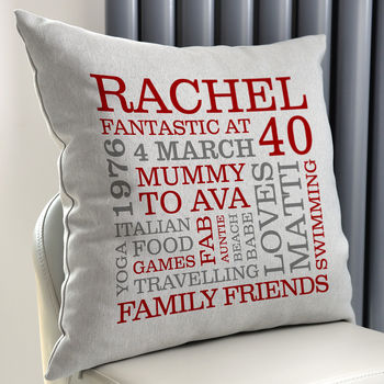 Personalised 40th Birthday Word Art Cushion, 3 of 9