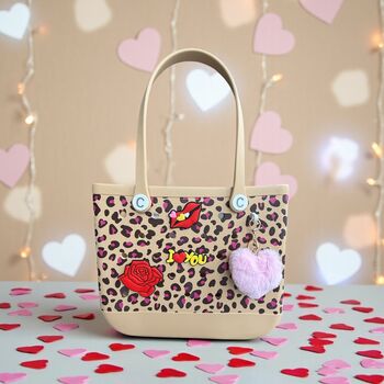 Ultimate Valentine’s Day Gift Set, Crocstyle Tote Bag, ‘Love’ Charms, Fluffy Heart Keyring, 3 of 12