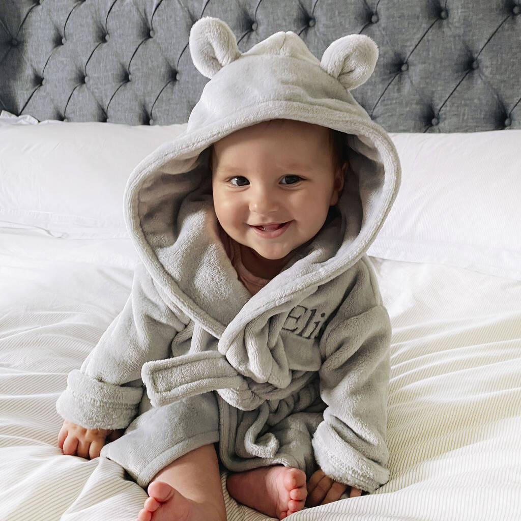 Personalised Soft Baby Grey Dressing Gown With Ears, 1 of 8
