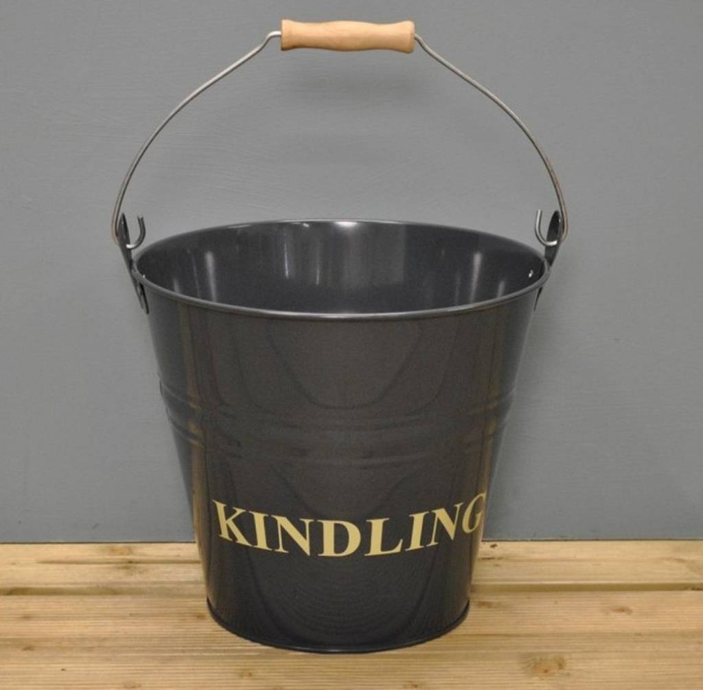metal kindling wood bucket in slate grey by garden selections