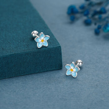Sterling Silver Forget Me Not Flower 18 G Screw Back Stud Earrings With Ball Backs, 2 of 11