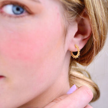 Gold Sunburst Huggie Hoop Earrings, 2 of 6