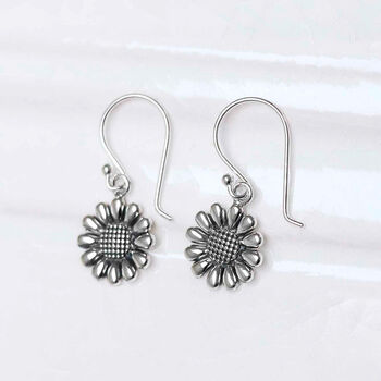 Sterling Silver Oxidised Delicate Daisy Dangly Earrings, 2 of 6