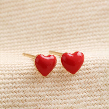 Gold Sterling Silver Red Enamel Heart Stud Earrings, 2 of 4