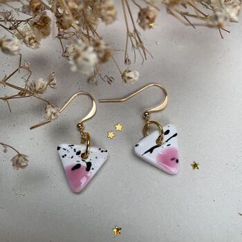 Ceramic Triangle Earrings Pink White And Black Speckled Dangle Earrings With Gold Hooks, 9 of 11