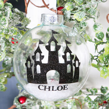 Black Glitter Personalised Castle Christmas Tree Bauble, 2 of 3