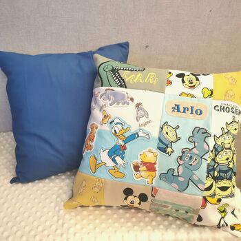 Keepsake Memory Pillow Made From Baby Clothes: Favourite Characters Patchwork Cushion Gift, 5 of 12