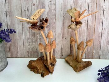 Dragonfly And Toadstool Mushroom Driftwood Statue Ornament Woodland Gift, 4 of 8