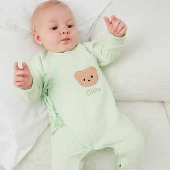 Personalised Green Quilted Teddy Bear Boucle Romper, 2 of 7