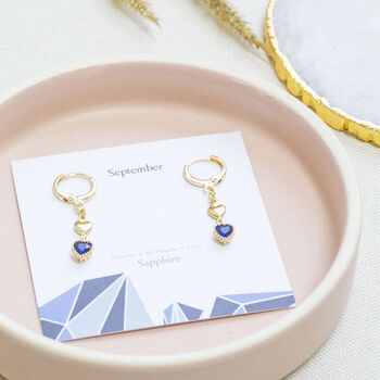 Double Heart Sapphire Birthstone Earrings, 2 of 9