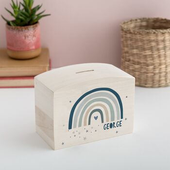 Personalised Blue Rainbow Money Pot Piggy Bank, 6 of 8