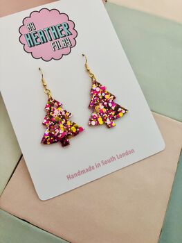 Pink And Gold Christmas Tree Glitter Resin Earrings / Pink Christmas Jewellery / Christmas Gift / Bold Sparkly Pink Holiday Accessory, 3 of 12