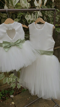 Duchess Satin Flower Girl Dress – Pearl Heart Back And Tulle Skirt Handmade UK, 5 of 8