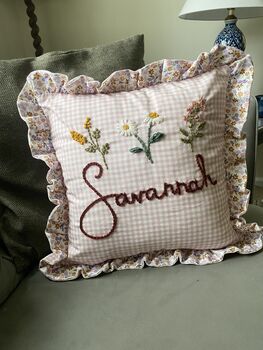 Personalised Embroidered Cushion Ditsy Blue Floral And Gingham, 5 of 5