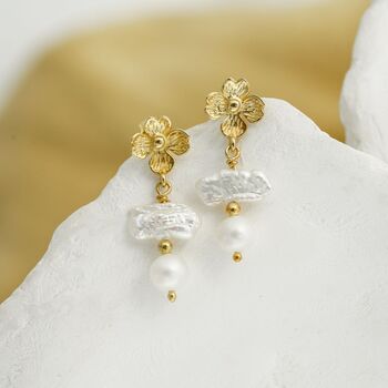 Pearl And Flower Gold Dangle Earrings, 3 of 6