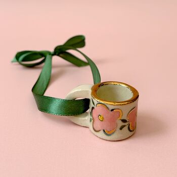 Hand Painted Mini Ceramic Mug Christmas Ornament With Flower, 4 of 5