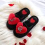 Personalised Faux Fur Black Fluffy Red Heart Slippers, thumbnail 2 of 6