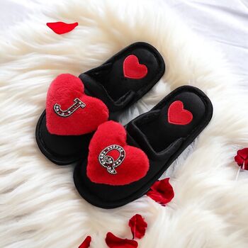 Personalised Faux Fur Black Fluffy Red Heart Slippers, 2 of 6