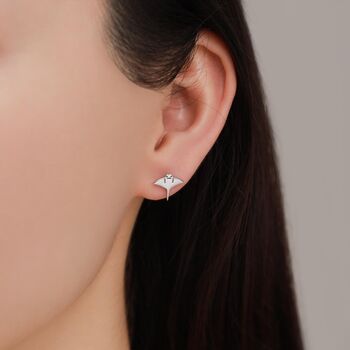 Sterling Silver Mismatched Kawaii Hammerhead Shark And Manta Ray Internally Threaded Flat Back Earrings, 2 of 8