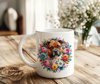 Personalised Red Staffordshire Bull Terrier Summer Floral Dog Wreath Cushion And Mug Bundle, 3 of 4