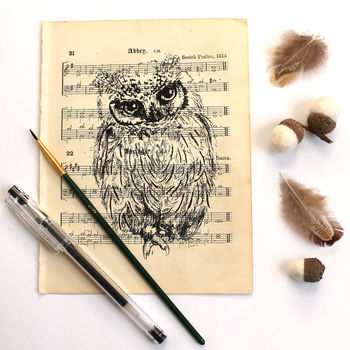 Owl Screen Print On Vintage Sheet Music, 2 of 6