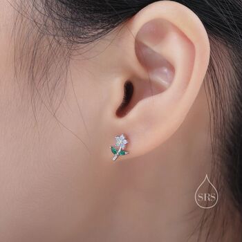 Opal Pink Cz Flower Stud Earrings In Sterling Silver, 6 of 10