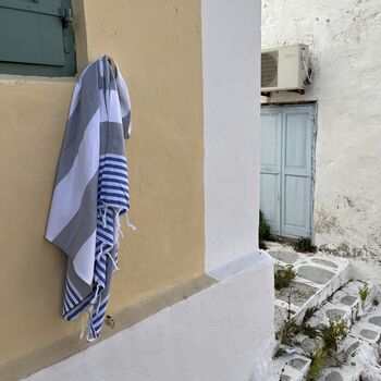 Padstow Peshtemal Towel Silver Grey / Royal Blue, 9 of 11
