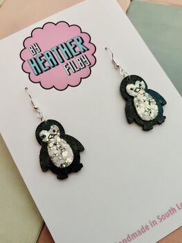 Small Penguin Christmas Glitter Resin Earrings / Festive Jewellery Sparkly Winter Drops / Christmas Gift Small Sparkly Penguin Accessories, 3 of 4