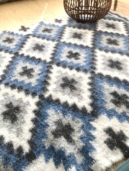 Cosy Blanket Blue Diamond Sheep Wool Blanket Rug Handmade / Black Friday Sale, 2 of 8