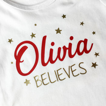 Personalised Christmas Believe Babygrow/T Shirt, 2 of 7