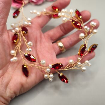 Red Crystal And Pearl Bridal Hair Vine, 8 of 11