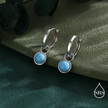 Sterling Silver Dangling Blue Turquoise Hoop Earrings, 4 of 11