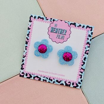 Flower Glitter Resin Stud Earrings Silver, Green And Blue, 7 of 12