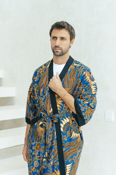 Men's Batik Kimono Robe In Royal Blue, 5 of 6