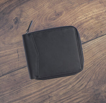 Men's Black Leather Wallet Zip Around Rugged Black Leather Rfid Protected, 7 of 7