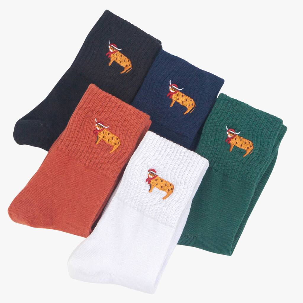 Women's Christmas Highland Cow Embroidered Cotton Ankle Socks Five Pack, 1 of 7